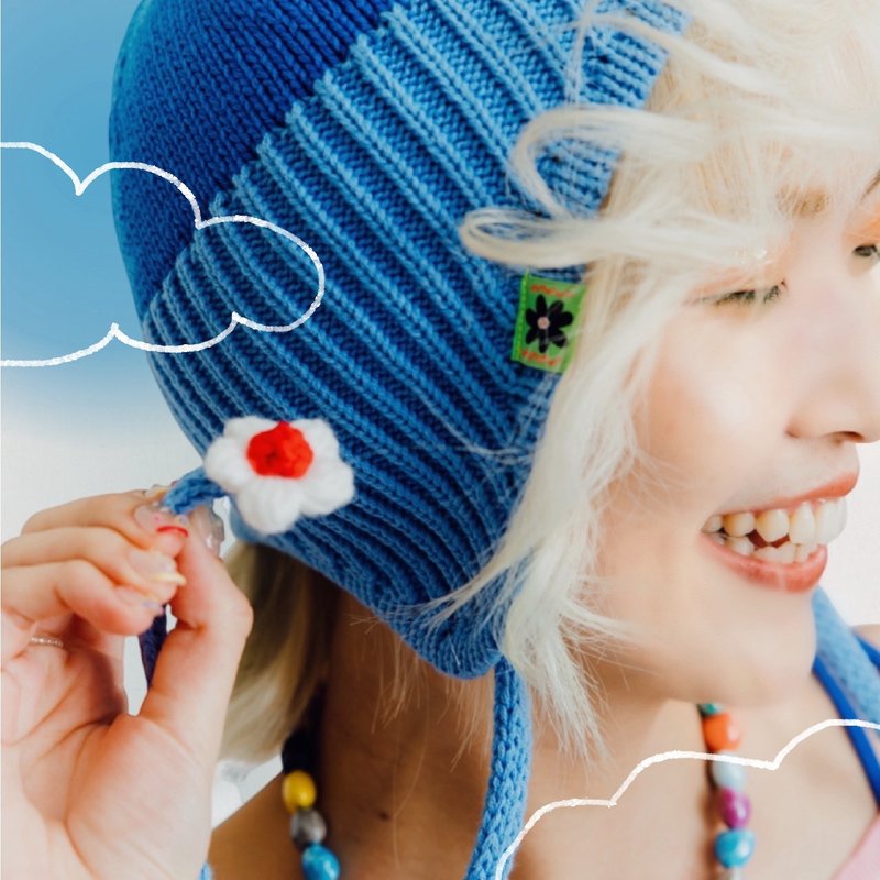 小花飄飄雙色針織帽(藍) - 帽子 - 棉．麻 藍色