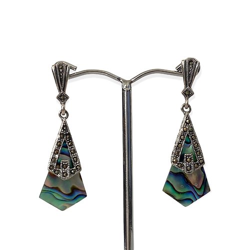alisadesigns Art Deco Style Paua Shell with Marcasite Drop Earrings / Set 925 Sterling Silver