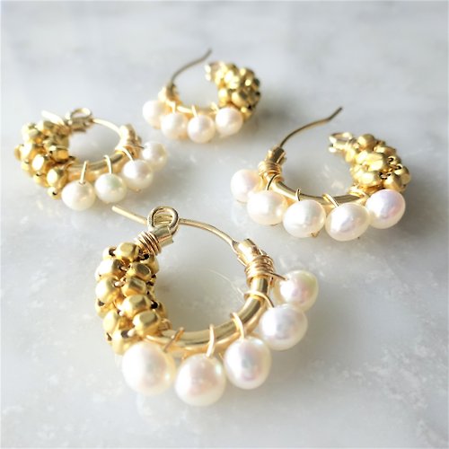 marina JEWELRY 14Kgf*Freshwater pearl gold bi-color wraped earrings / pierced earrings