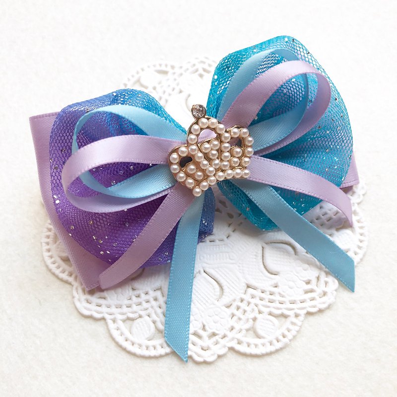 珍珠皇冠圓圓紗蝴蝶結髮夾 /藍 - 髮飾 - 其他材質 藍色