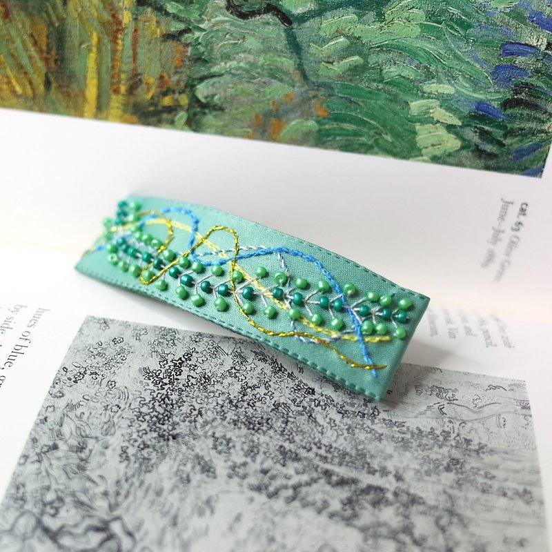 Fantasy #9 Embroidered Trim Stitch Ribbon Hair Clip - เครื่องประดับผม - งานปัก สีเขียว