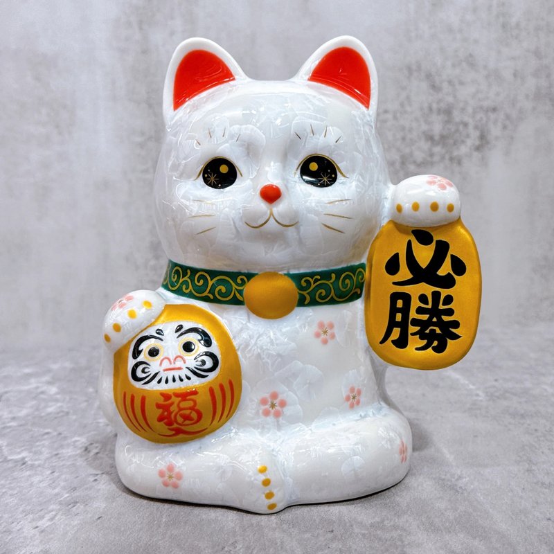【勝願守護】日本清水燒招財貓 | 達摩 花結晶 白 必勝 - 擺飾/家飾品 - 瓷 白色
