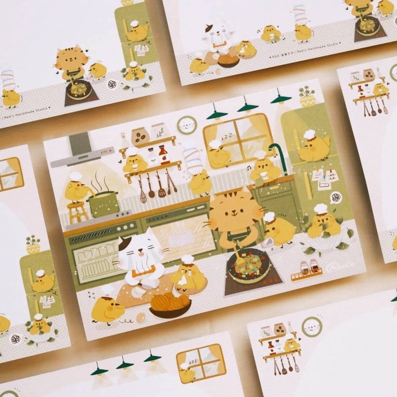 【24H快速出貨】廚房小食光 布丁小雞手繪明信片13 - 印章/印台 - 紙 綠色