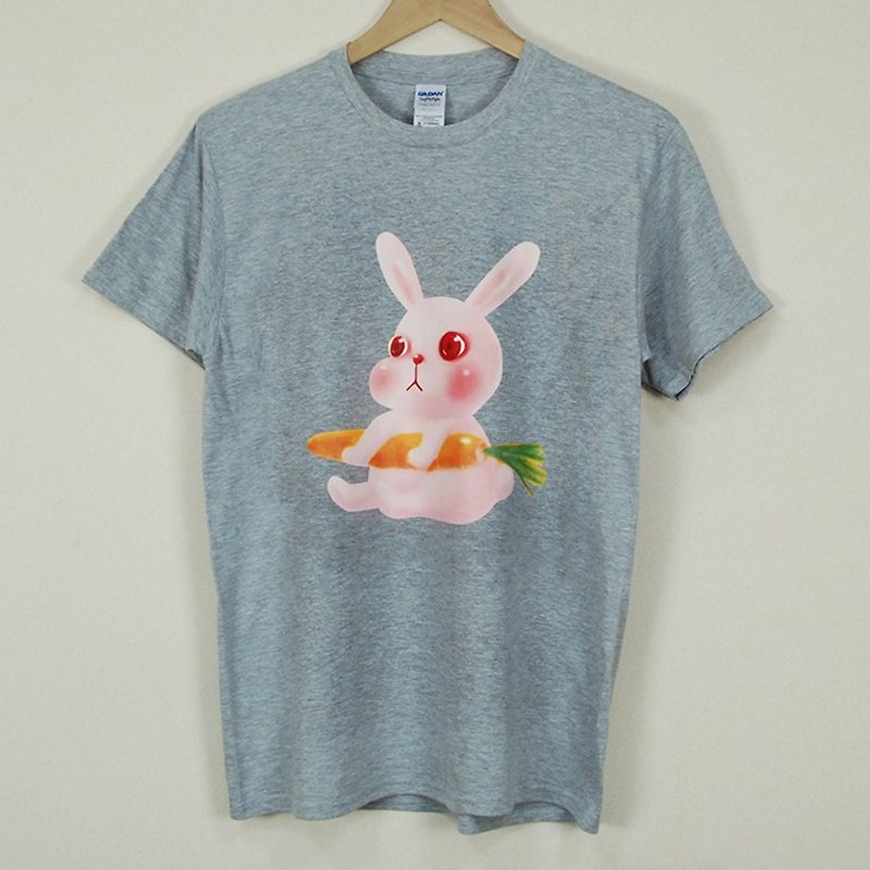 新創設計師-T恤：【兔子】短袖T-shirt《中性/修身》(麻灰) -陳小安 - 帽T/大學T - 棉．麻 粉紅色