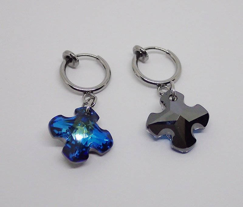 希臘十字墜,  施華洛世奇元素 & 不鏽鋼 耳圈夾耳環(一對) - 耳環/耳夾 - 玻璃 藍色