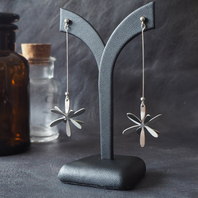 Long Marigold flower stainless steel earrings - Earrings & Clip-ons - Stainless Steel Silver