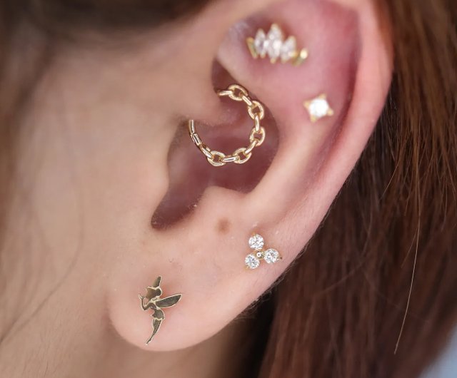 14K クローバーモチーフダイヤモンドロックボールピアス
