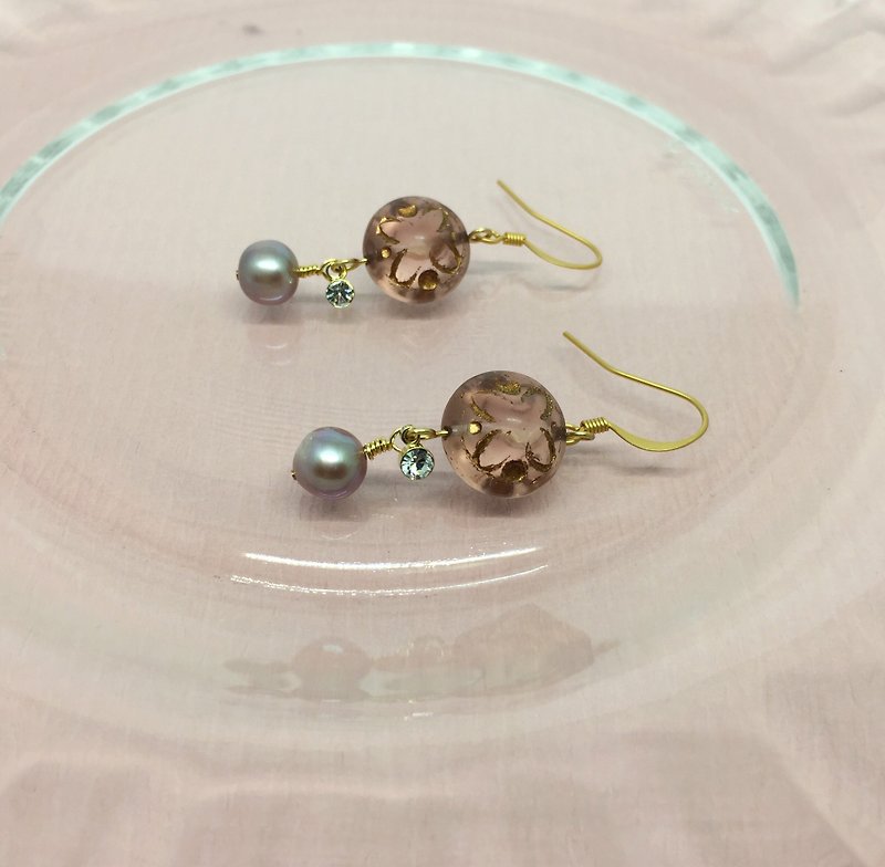 Golden highlights pink bead with purple  pearl earrings - Earrings & Clip-ons - Other Materials 