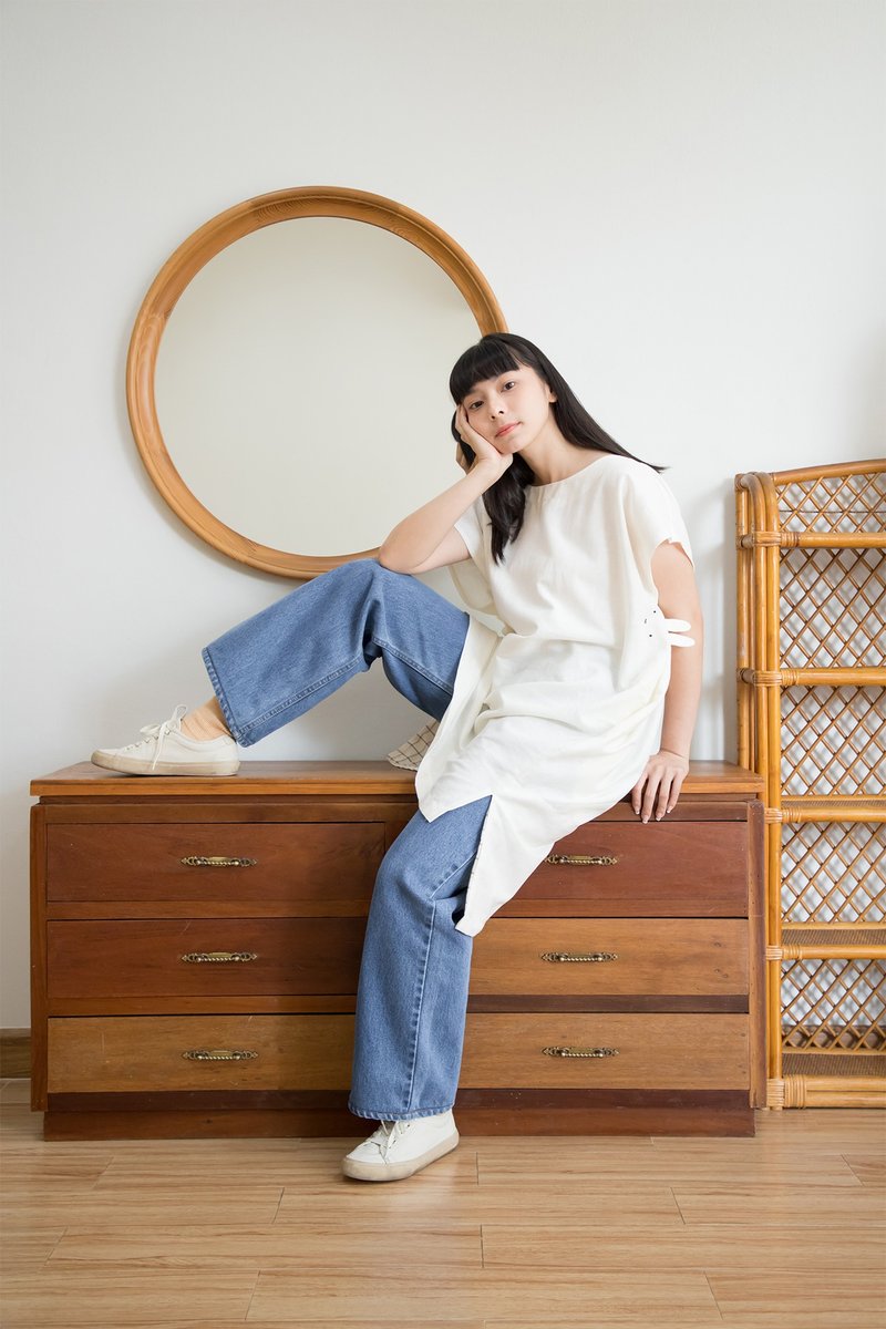 Pinkoi x Miffy Collaboration-隱藏的微笑連衣裙 - 連身裙 - 棉．麻 白色