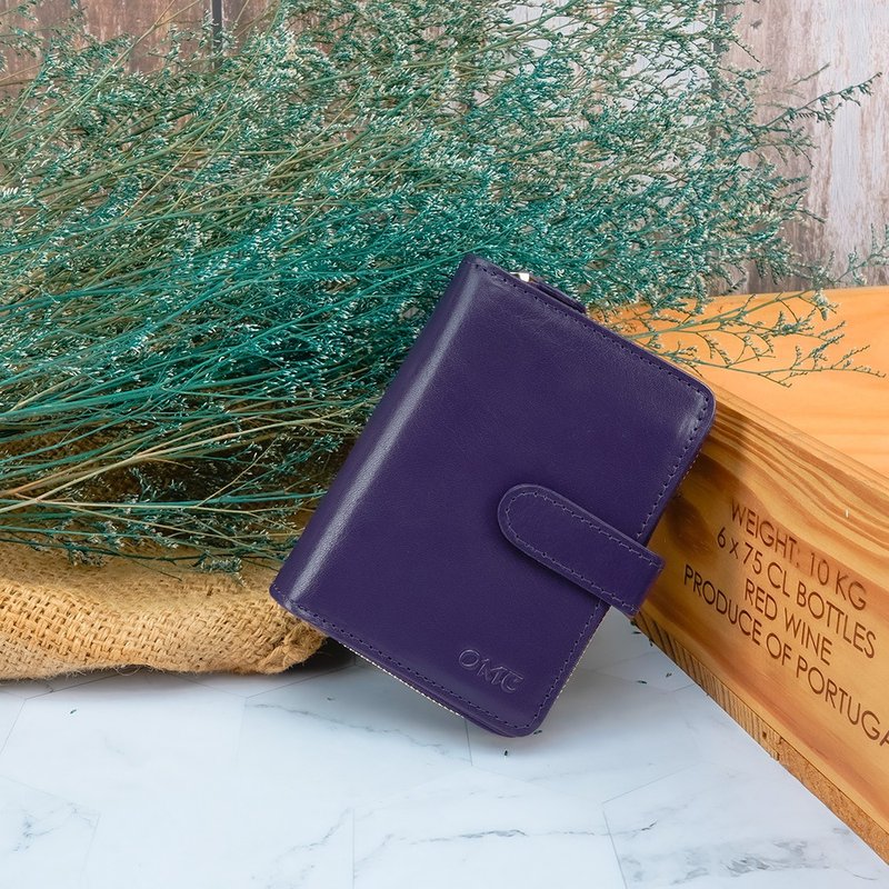 義大利植鞣革雙面卡層舌扣牛皮中夾95142(紫色) - 錢包/皮夾/長短夾 - 真皮 紫色