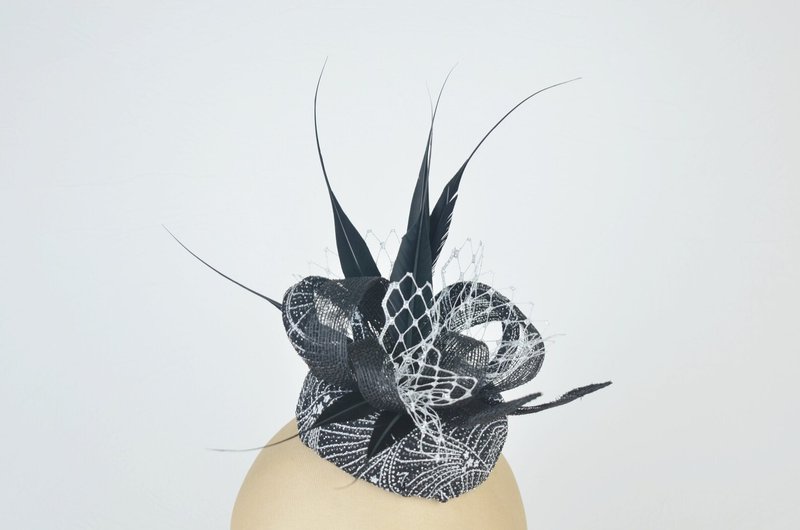 Pillbox Hat in Black & Silver with Statement Feathers, Sinamay Twirls and VeiL - 髮夾/髮圈 - 其他材質 黑色