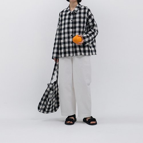WHEATWHEAT 日本產黑白格紋亞麻棉小方領襯衫式夾克