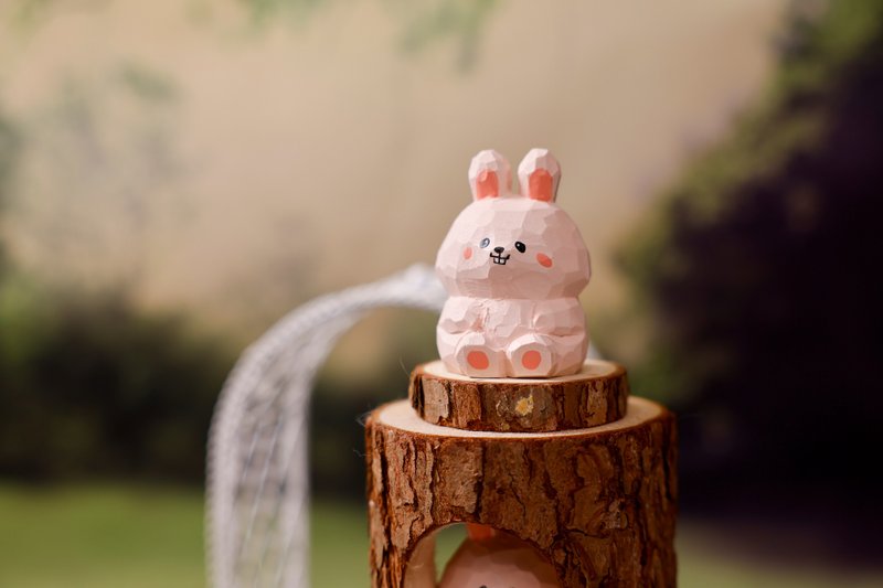 Islandoffer (Original Design) (The Chinese Zodiac Series) Wood Carved Rabbit - Items for Display - Wood Pink