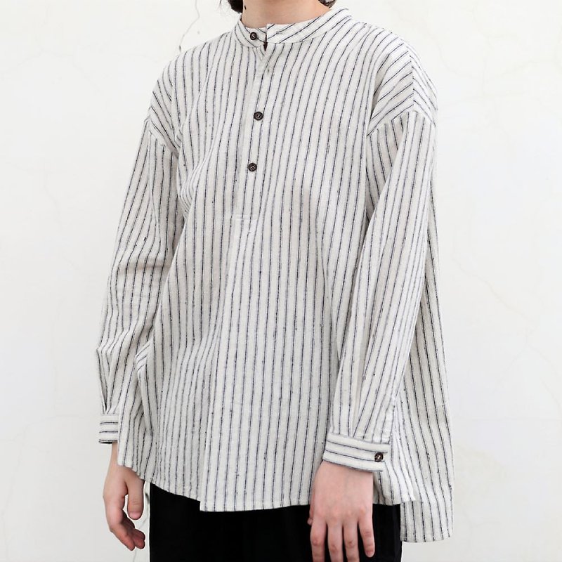 [Throw the cloth for clothing ZBWY] Japanese handmade fabric kapok silk blended French striped shirt light Linen - Women's Tops - Cotton & Hemp 