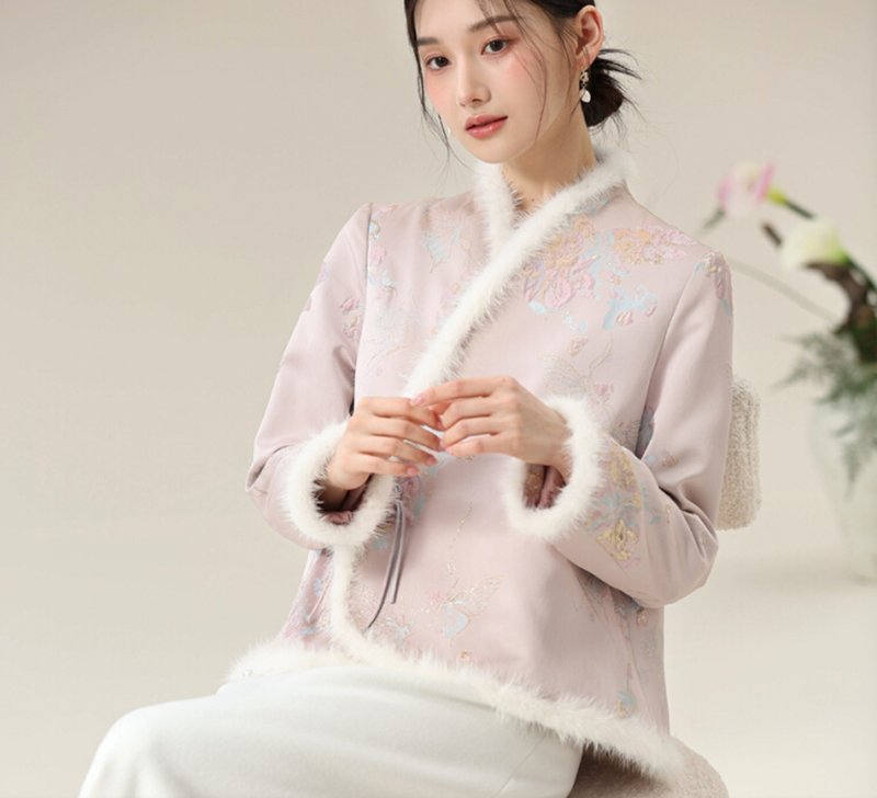 New Chinese retro Chinese style Hanfu padded clothes cross collar short top - เสื้อผู้หญิง - เส้นใยสังเคราะห์ สึชมพู