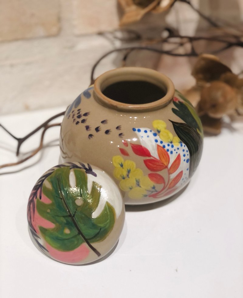 純手工製作繪製 陶瓷 茶葉罐 密封罐 龜背芋 植感系列茶倉 - 茶具/茶杯 - 陶 藍色