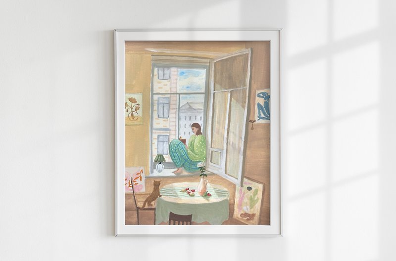 ภาพวาดต้นฉบับของผู้หญิงอ่านหนังสือที่บ้าน ภาพวาดที่ผ่อนคลายและอบอุ่น คนรักหนังสื - ตกแต่งผนัง - กระดาษ สีกากี