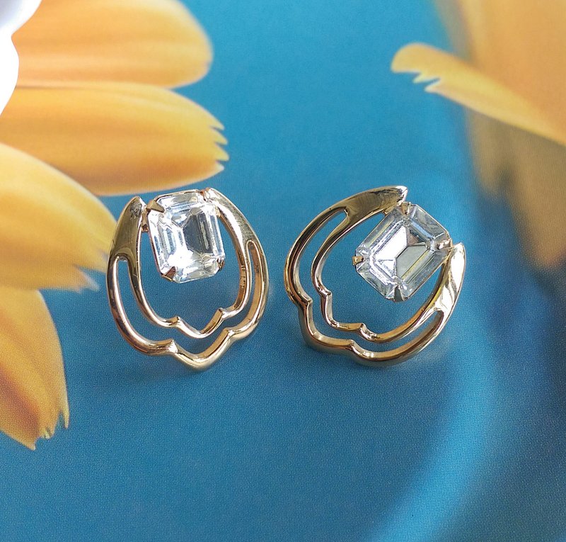 Vintage Jewelry 西洋古董飾品 氣質復古白鑽 針式耳環 - 耳環/耳夾/耳骨夾 - 其他金屬 透明