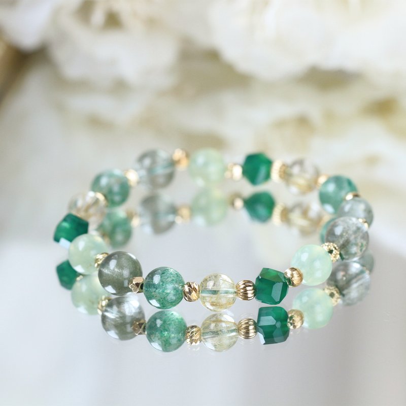 Green ghost gold hair crystal titanium crystal prehnite Stone crystal. Yakushima. Career and Wealth Crystal Bracelet - Bracelets - Crystal Green