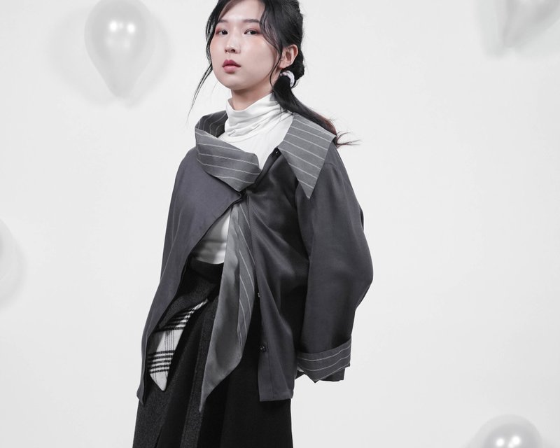 【福利品微瑕出清 】大斜領襯衫外罩 - 棕棉灰 - 女襯衫 - 棉．麻 灰色