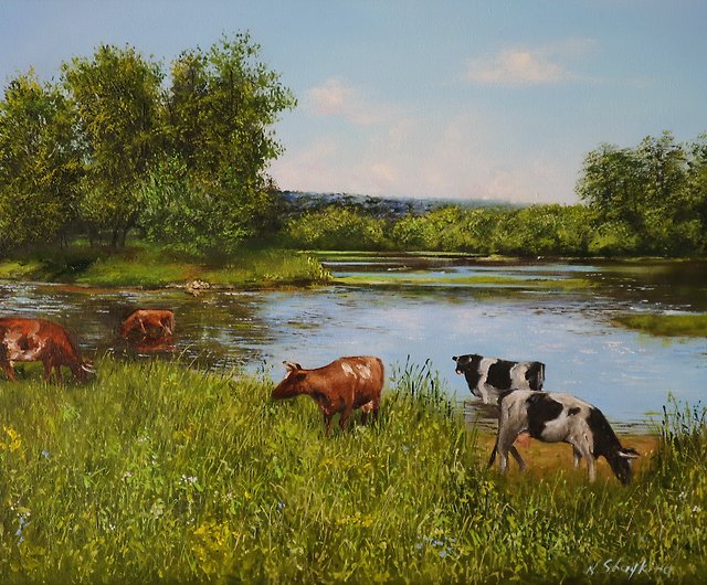 田舎の風景オリジナル油絵牛の水やり、農場の生活 - ショップ