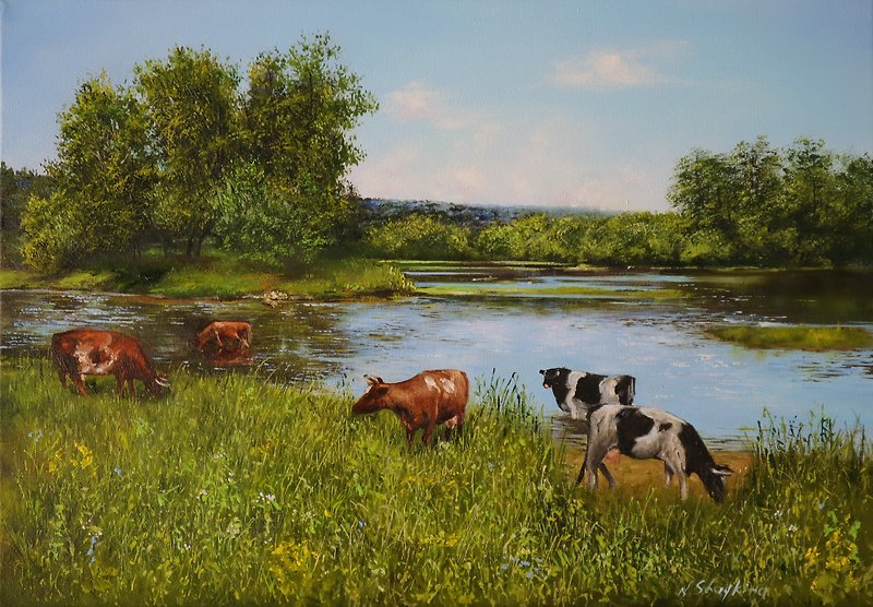 Country Landscape Original Oil Painting With Cattle Watering, Farm Life - ตกแต่งผนัง - วัสดุอื่นๆ สีเขียว