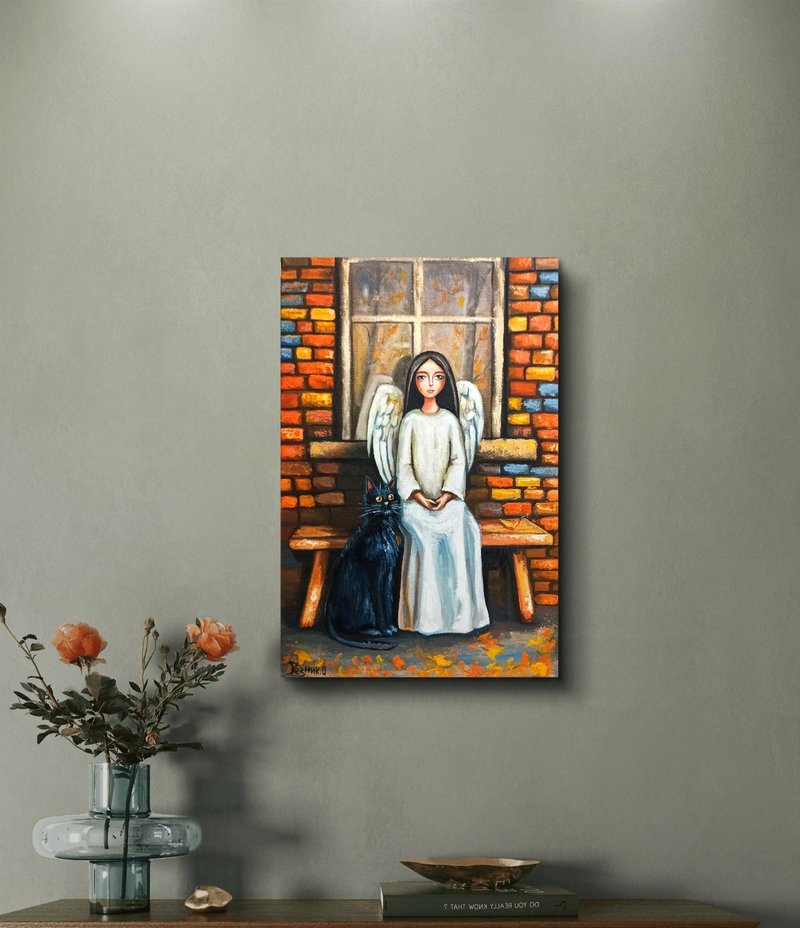 Angel painting original oil painting stretched canvas angel and cat Wall Art - Wall Décor - Eco-Friendly Materials Multicolor