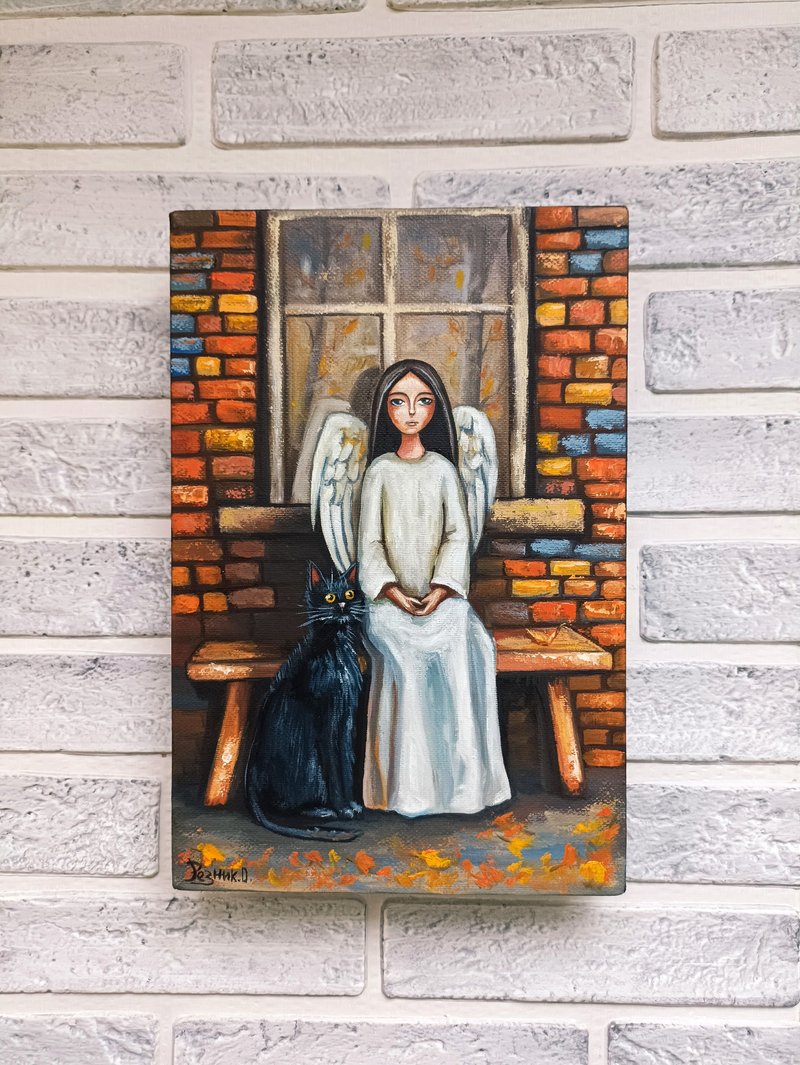 Angel painting original oil painting stretched canvas angel and cat Wall Art - ตกแต่งผนัง - วัสดุอีโค หลากหลายสี