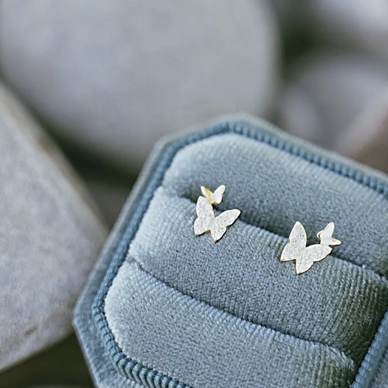 夢幻仙女金蝴蝶耳環 Gold Butterflies Earrings - 耳環/耳夾/耳骨夾 - 純銀 銀色