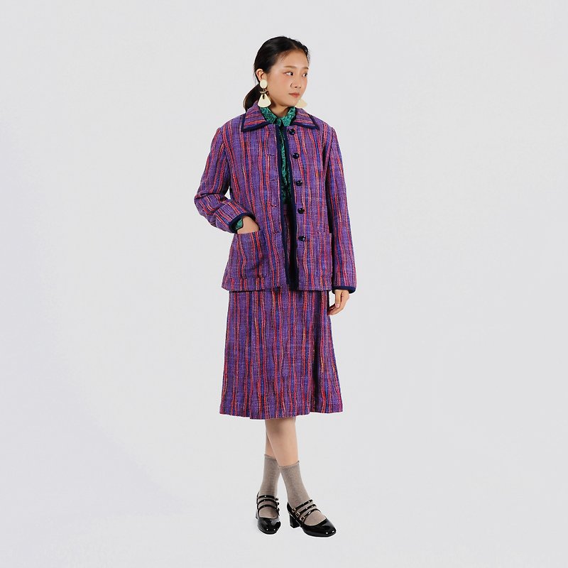 [Egg Plant Vintage] Wisteria Flower Islet Woolen Skirt Vintage Set - Women's Blazers & Trench Coats - Wool Purple