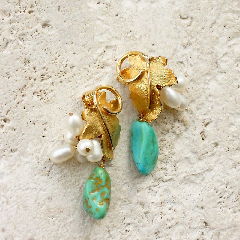 金藤蔓・土耳其石與珍珠古董耳夾 - 耳環/耳夾 - 半寶石 