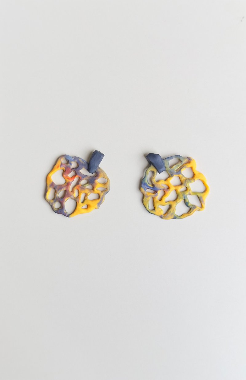 Polymer clay earrings - handmade - sea tide bubbles - rendered asymmetrical design - 3 primary color mixed colors - Earrings & Clip-ons - Other Materials Yellow
