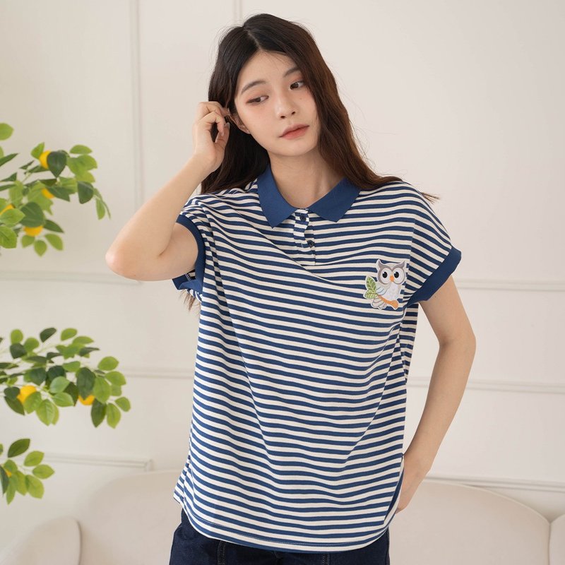 貓頭鷹 刺繡 條紋 polo衫【91003601】 - 帽T/大學T - 棉．麻 藍色