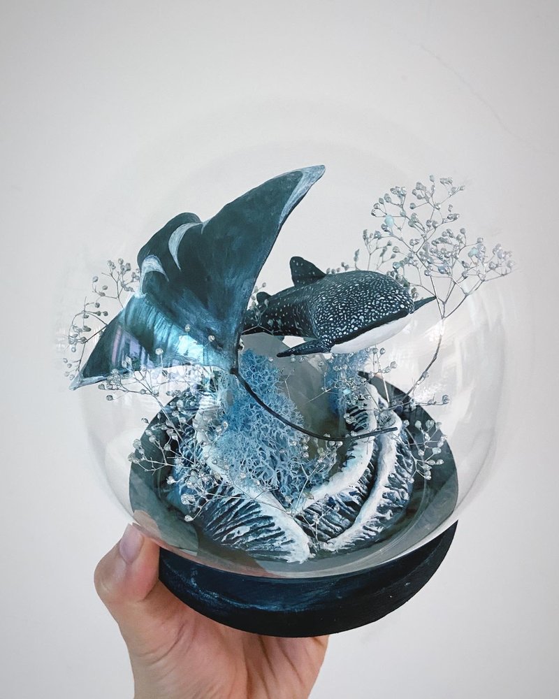 Manta ray, whale shark dance together in luminous glass cup - Items for Display - Clay Blue