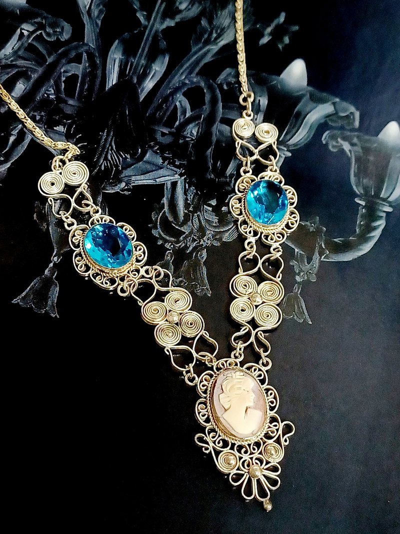 vintage jewelry  古董裝飾藝術海藍萊茵 貝殼浮雕 銀質 項鍊 - 項鍊 - 其他金屬 
