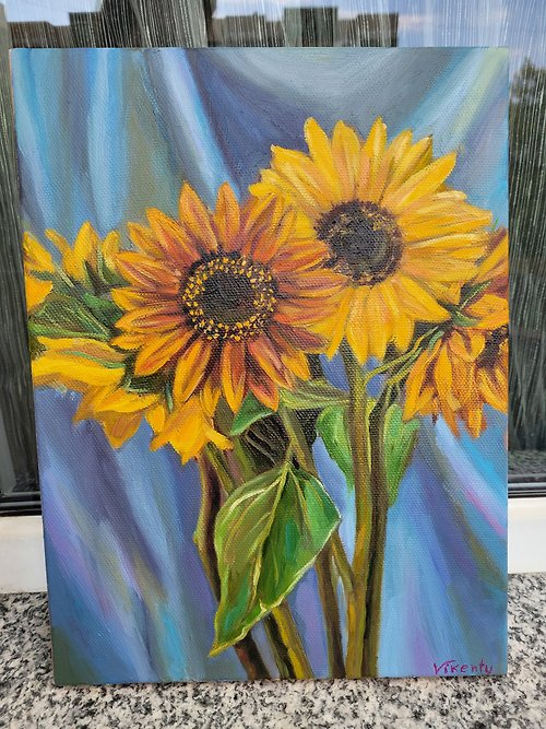 Vikenty Art Shop Sunflower Painting, Floral Art, Oil on Canvas, Wonderful Gift, Living Room