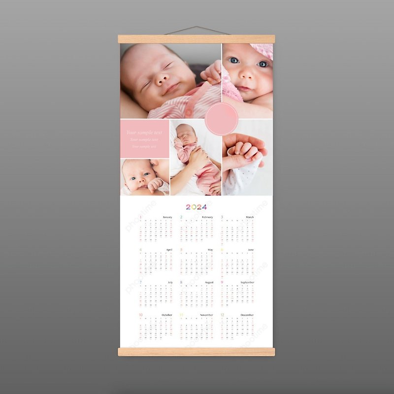 Customized 2024 Photo Calendar Poster / Attached Nordic Style Log Magnet Picture Hanger - Items for Display - Wood Khaki