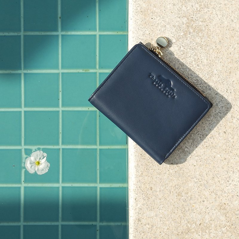 SOLD OUT (LIMITED) PEONY - SMALL LEATHER SHORT WALLET WITH COIN PURSE- NAVY - Wallets - Genuine Leather Blue