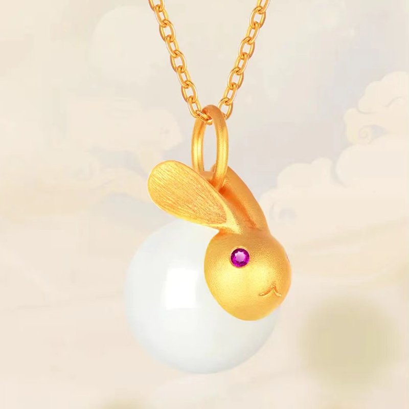 Natural Gemstone/Hetian jade cute rabbit necklace/925 Silver plated - สร้อยคอ - โลหะ ขาว