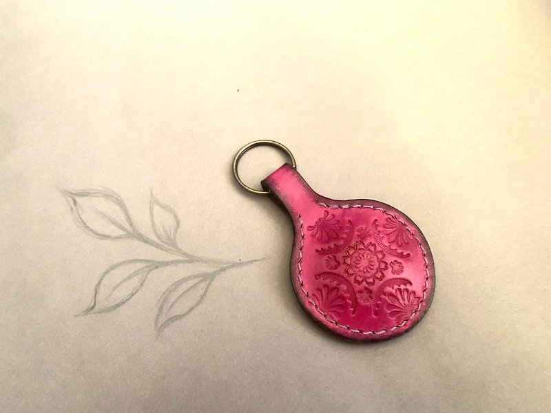 真皮 鑰匙圈/鑰匙包 粉紅色 - POPO- 桃紅.皮雕鑰匙圈