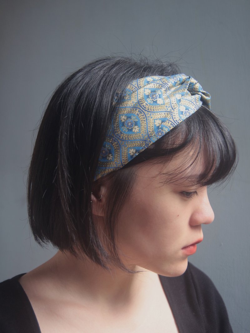 Eye bronzing handmade cross elastic headband - ที่คาดผม - ผ้าฝ้าย/ผ้าลินิน สีน้ำเงิน
