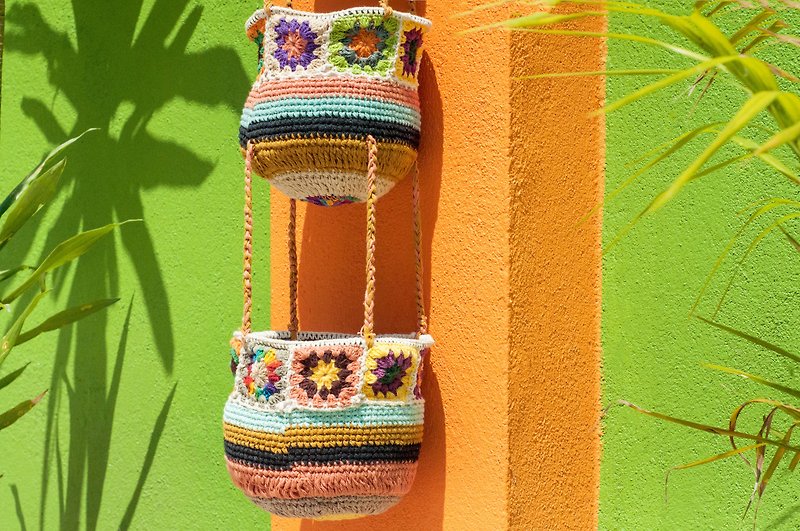 Hand crocheted basket / hand-woven basket / storage basket / hanging bag / flower woven basket - desert - Storage - Cotton & Hemp Multicolor