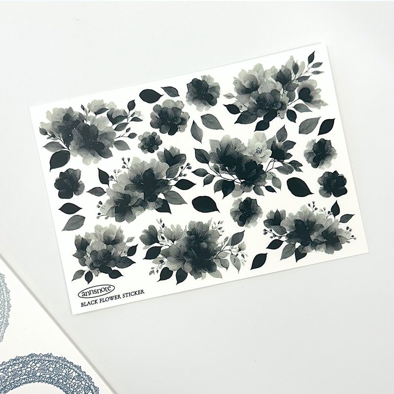 Black Small Flower PET Sticker (anns note) vintage - 貼紙 - 紙 黑色