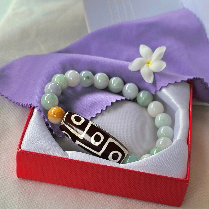 Bracelet, Tibetan Stone, 9 eyes, strung with Burmese jade, real jade, natural jade, Type A, 9.5 mm beads. - 手鍊/手環 - 石頭 多色