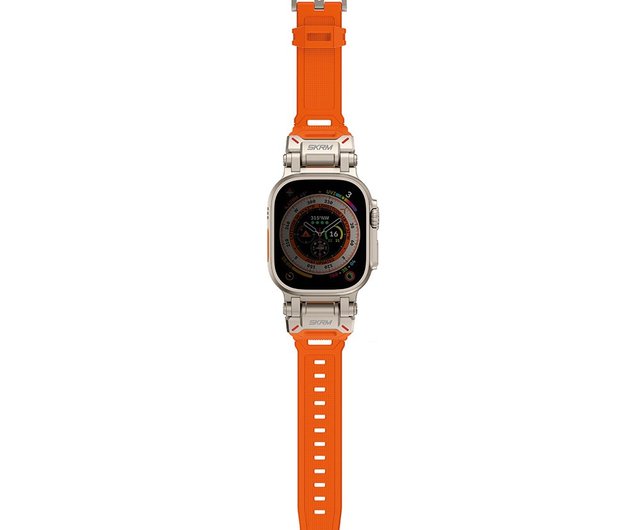 【メンズ時計】樽型 ハードレックス防水 シリコンバンド　オレンジ Apple Watch 44/45/46/49mm Titon Ultraステンレスストラップ
