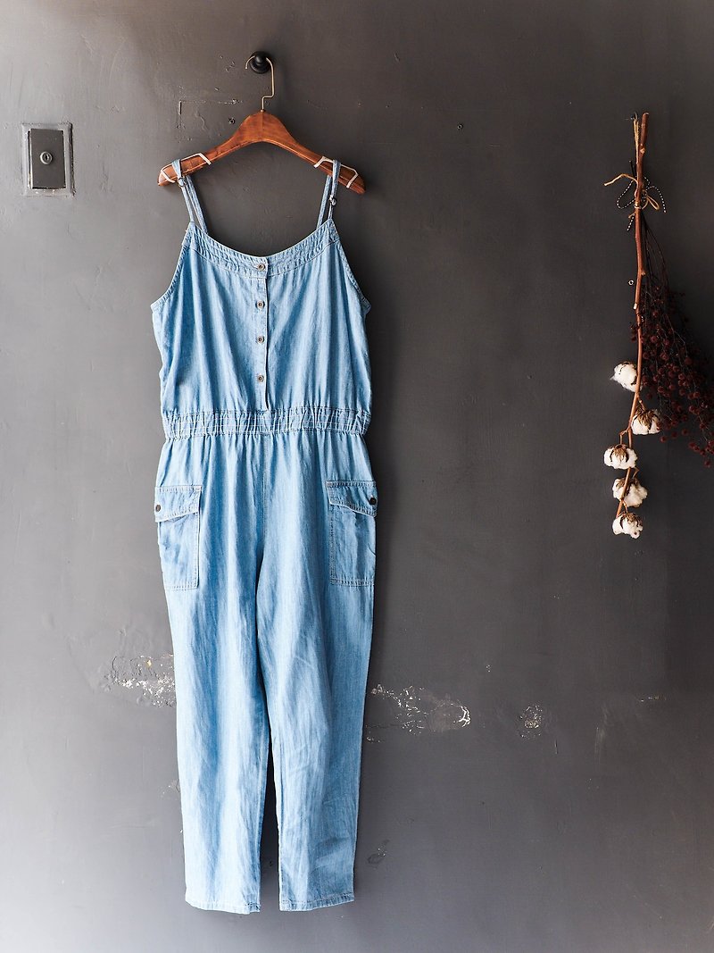 River Hill - United States hole in the clear light blue denim jumpsuit Love Story suspenders trousers thin overalls oversize vintage pounds neutral Japan - จัมพ์สูท - ผ้าฝ้าย/ผ้าลินิน สีน้ำเงิน