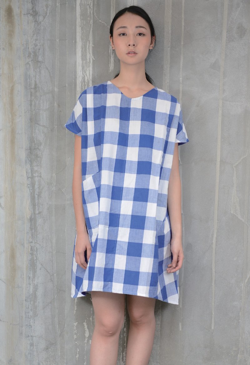 タータンチェック、午後のシャワーフェアトレード手織りのドレス_ - ワンピース - コットン・麻 ブルー