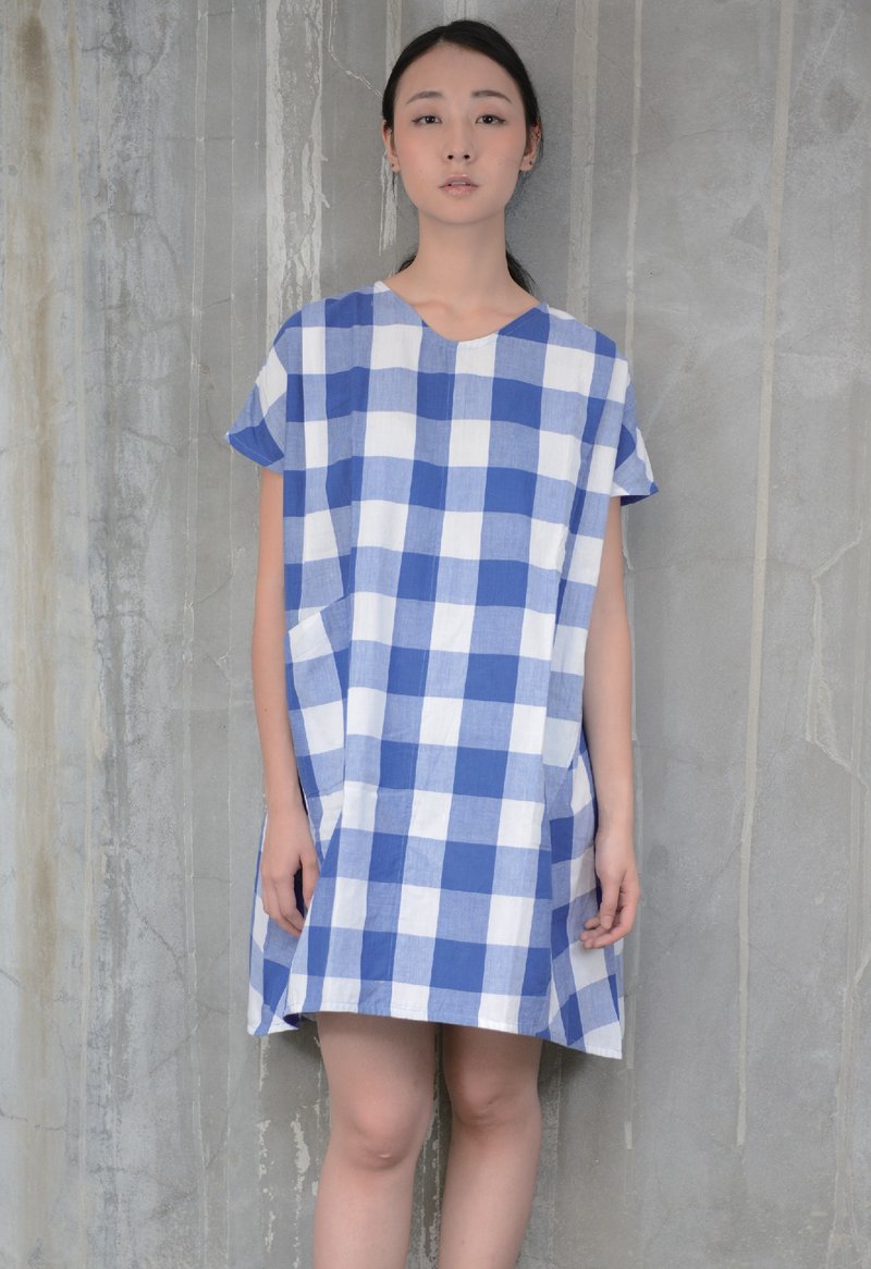 Plaid afternoon showers Fair Trade hand-woven dress _ - ชุดเดรส - ผ้าฝ้าย/ผ้าลินิน สีน้ำเงิน