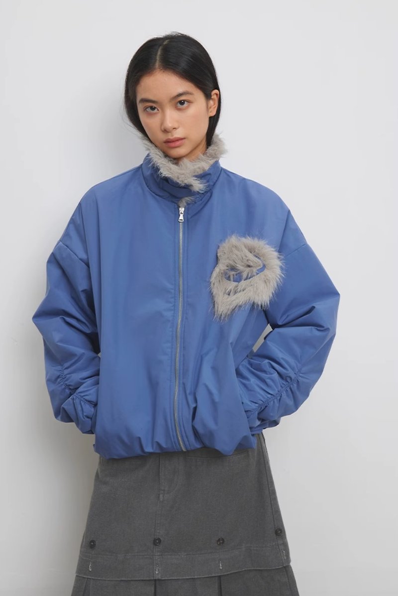 Taiji Logo Jacket Taiji logo fur collar cotton jacket - Women's Tops - Other Materials Blue