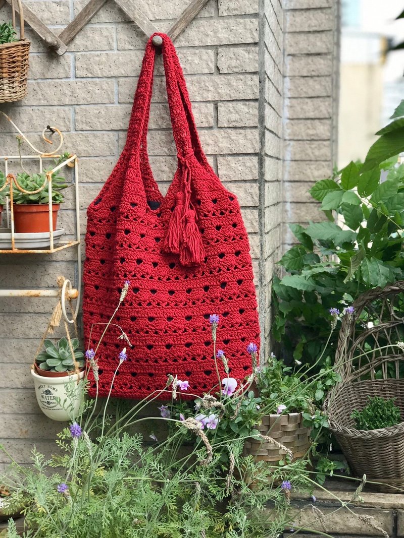 Handmade-woven cotton shoulder bag/handbag-rose red-commuting/commuting/light travel/birthday gift - Handbags & Totes - Cotton & Hemp Red